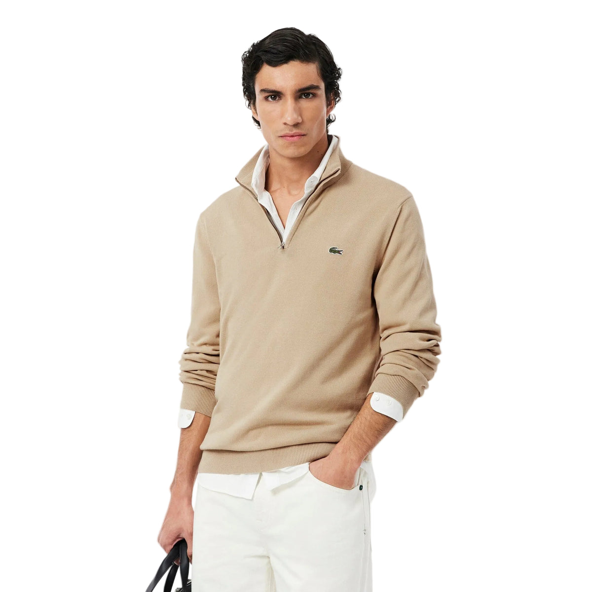 Lacoste Pull zippé coton uni col montant Beige