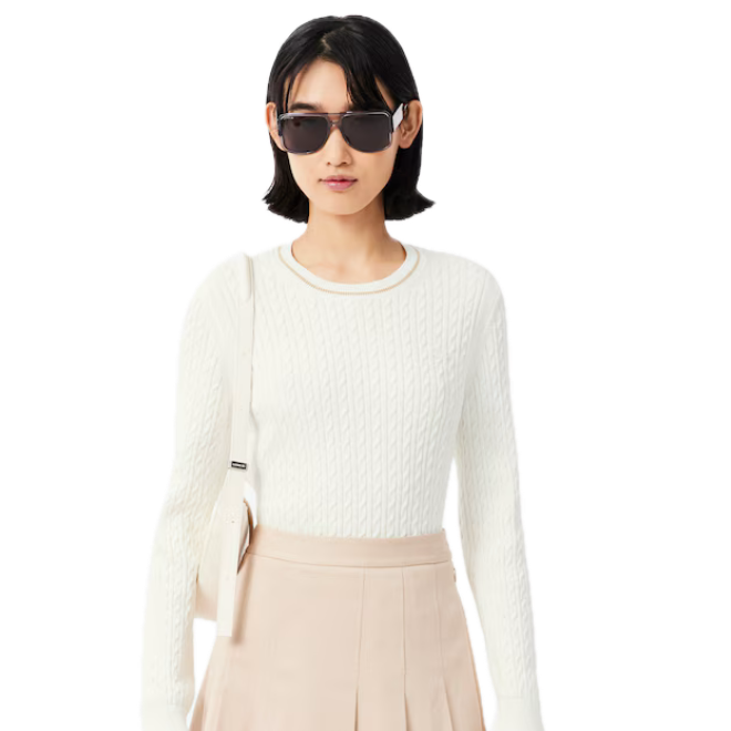 Lacoste Pull maille torsadée détails rayés Femme Blanc