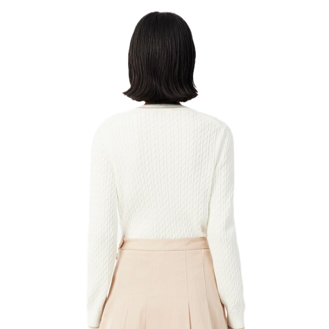 Lacoste Pull maille torsadée détails rayés Femme Blanc